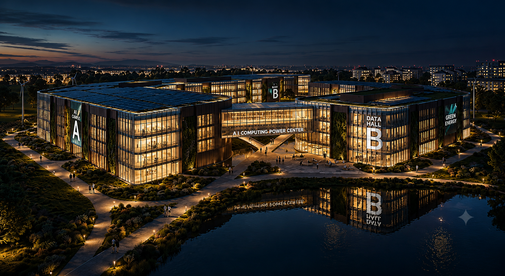 Night view of AI computing power data center campus