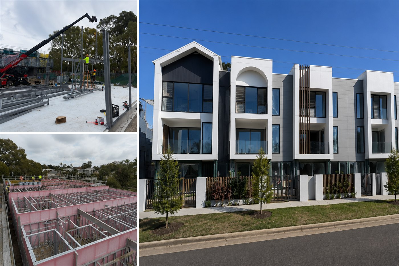 Inland three-level townhouse steel structure and completed facade