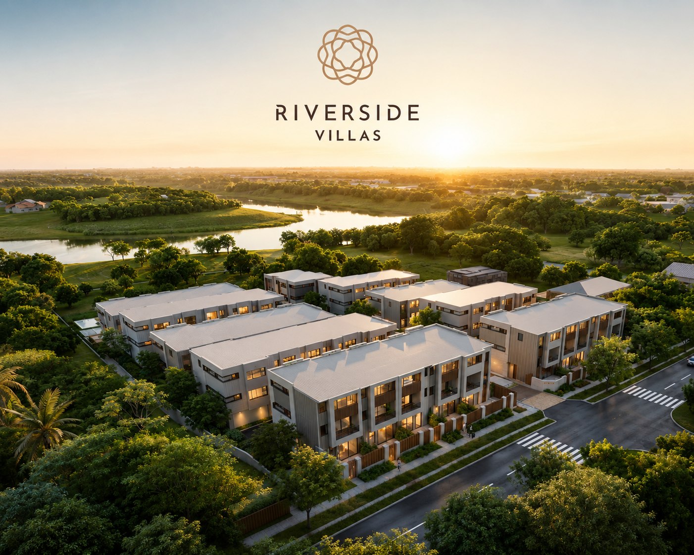 Riverside Villas branded master view beside the river